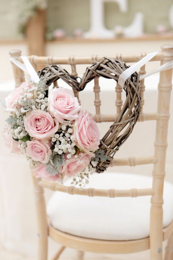 Gorgeous Wedding Chair Decorations with Pink Roses and Heart Shaped Wreath 