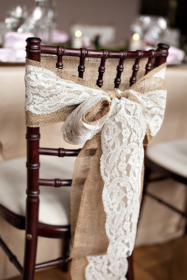 Rustic Burlap Chair Sash and Lace Ribbon Wedding Chairs Decoration 