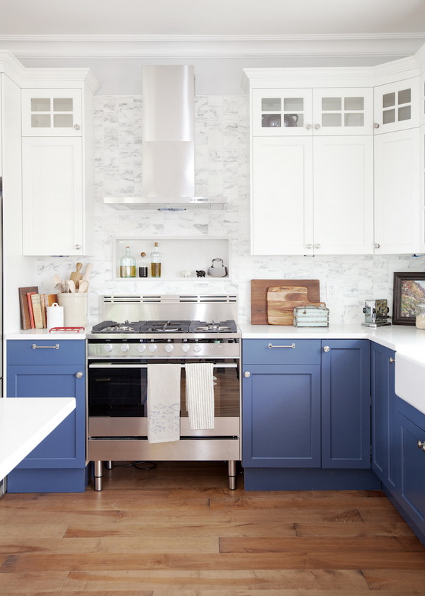 Fresh Kitchen with Blue and White Kitchen Cabinets. 