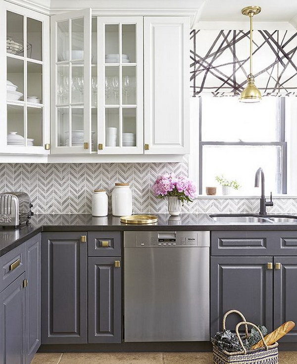 White and Grey Kitchen Cabinets with Gold Hardware. 