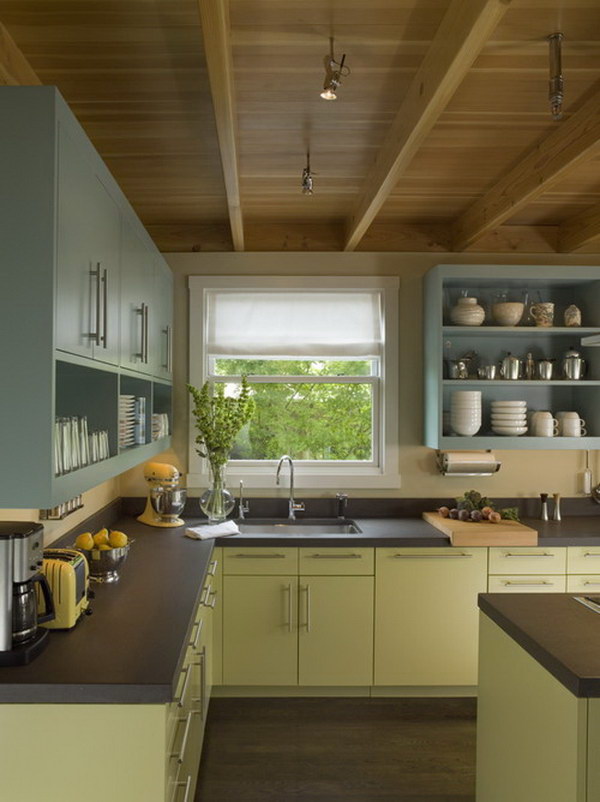 Pale Bule and Green Painted Kitchen Cabinets. 