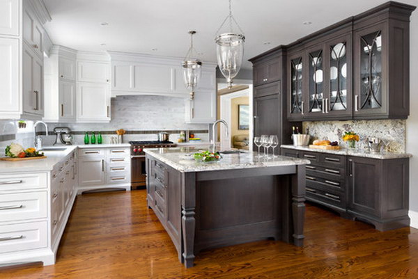 Dark Brown And White Two Tone Kitchen Cabinets with Extended Island. 