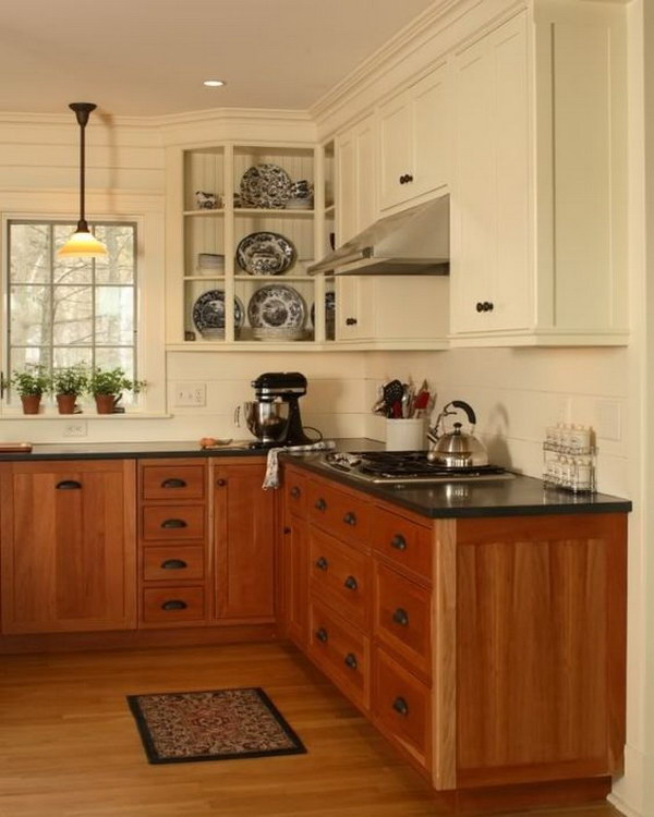 Off-white and Warm Wood Kitchen Cabinets. 
