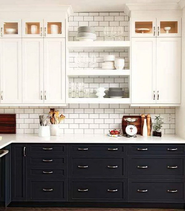 Whitewashed and Dark Gray Two Tone Kitchen Cabinets. 