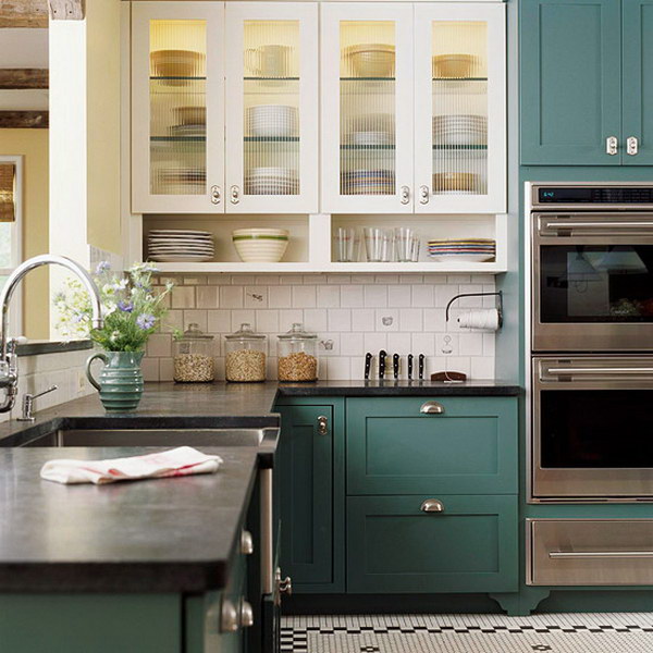 Teal Green and White Kitchen Cabinets. 