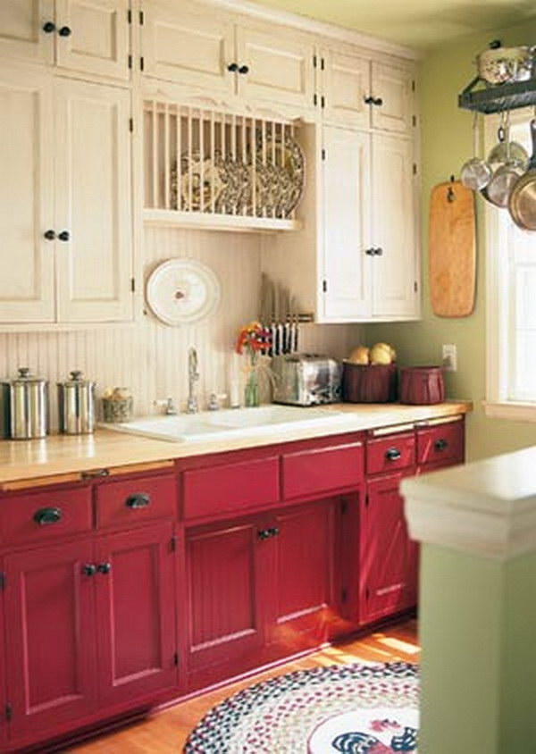 Cranberry-colored and Cream Kitchen Cabinets. 