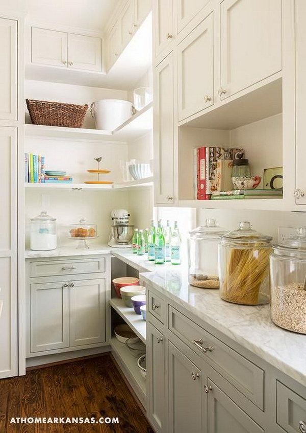 Two Tone Kitchen Pantry with Cream White and Gray Cabinets. 