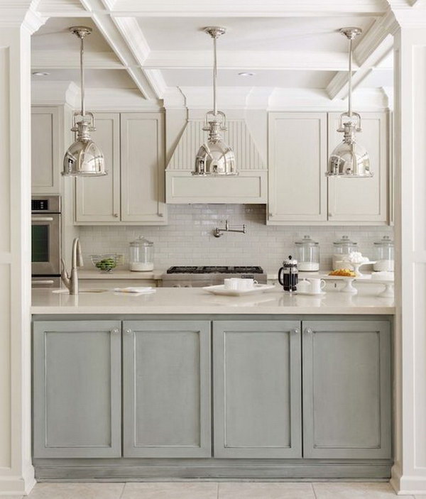 Two-tone Kitchen Design with Gray-green and Light Gray Cabinets and Island. 