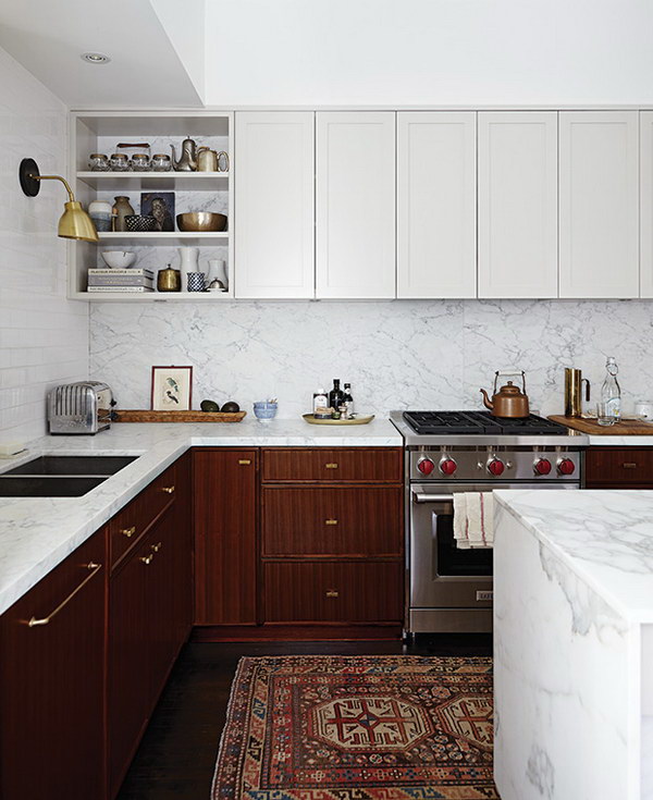 White and Warm Wood Brown Kitchen Cabinets. 