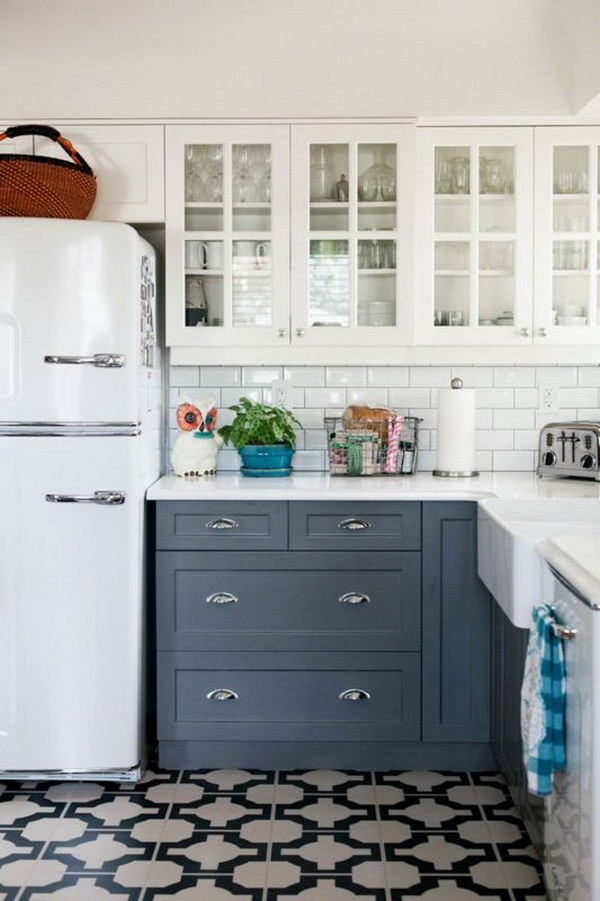 Slate and Whitewashed Kitchen Cabinets. 