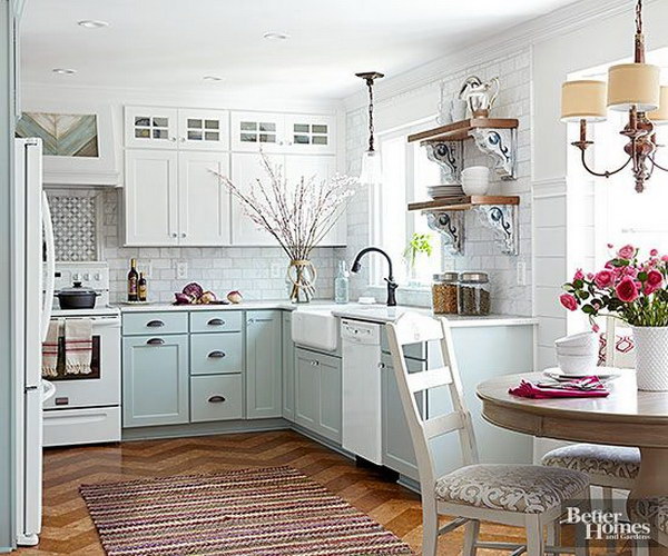Pastel Blue and Off-white Kitchen Cabinets. 