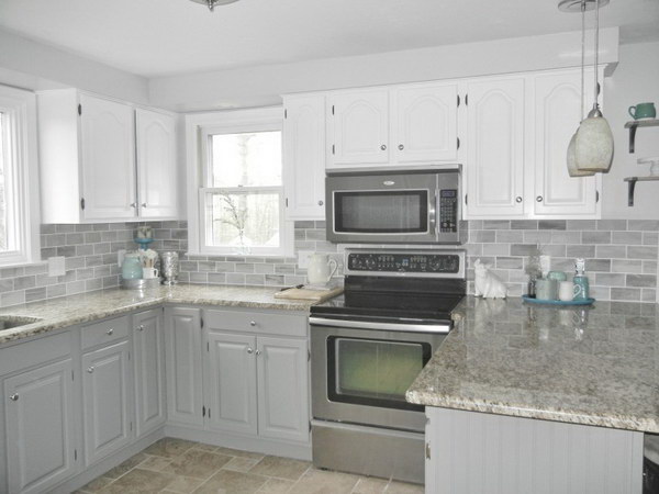 White and Light Gray Kitchen Cabinets. 