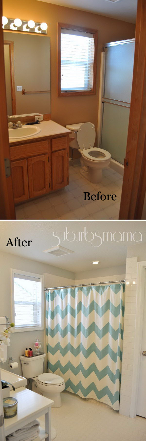 From Brown To White Color Tiny Bathroom Remodel. 