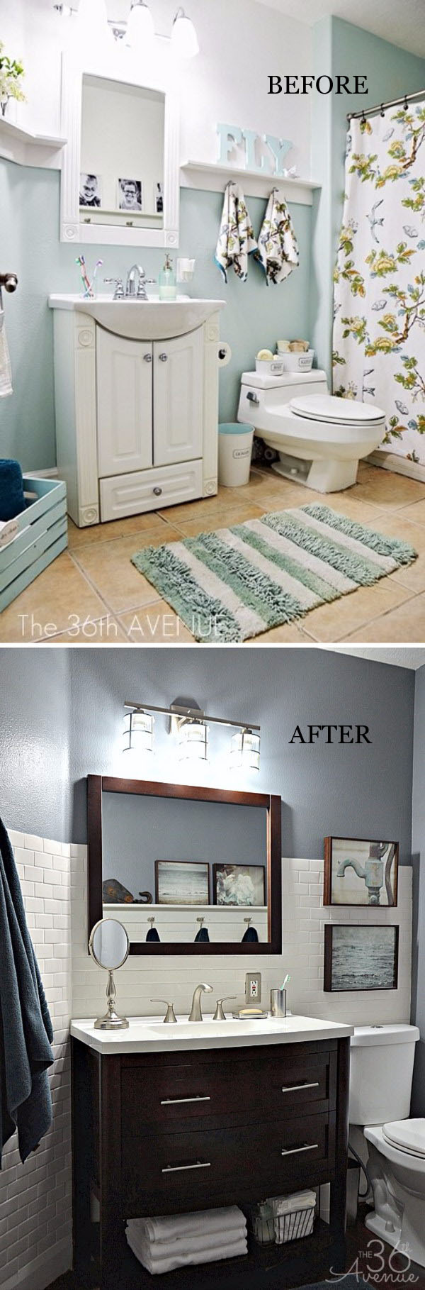 Modern Bathroom Makeover With Metallic Accents, Dark Furniture And White Subway Tile. 