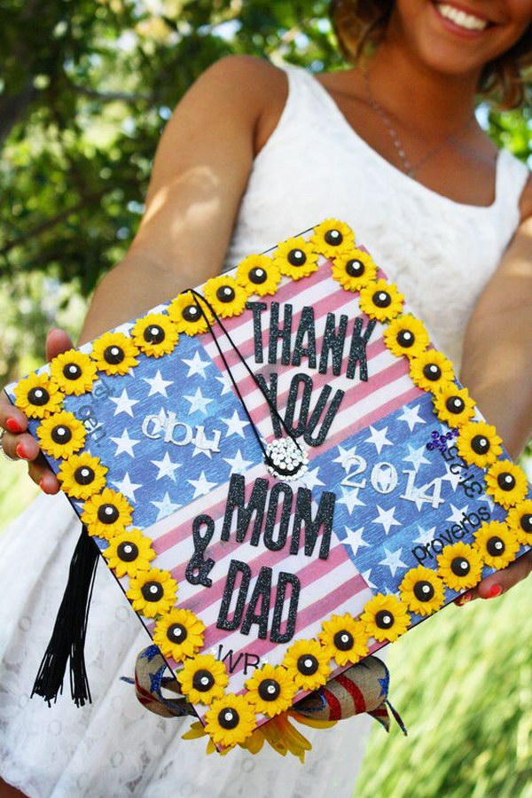 American flag and Sunflowers Graduation cap. 