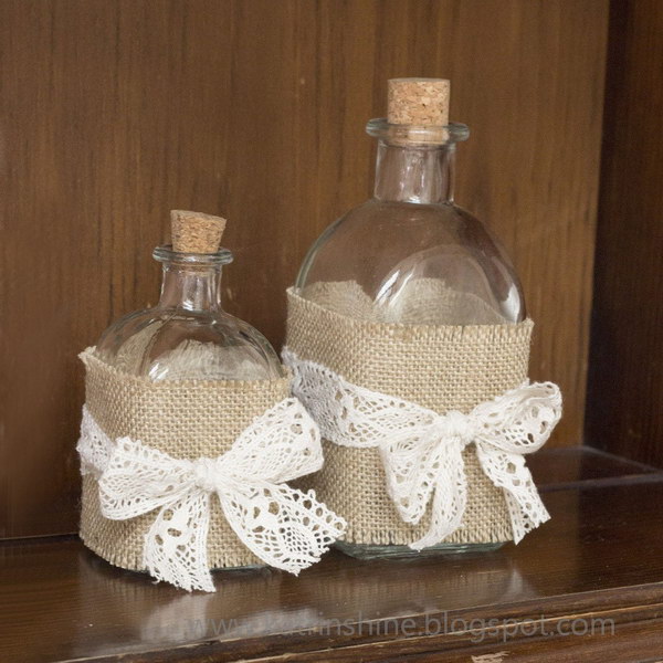 Burlap and Lace Decorated Shabby Chic Bottles