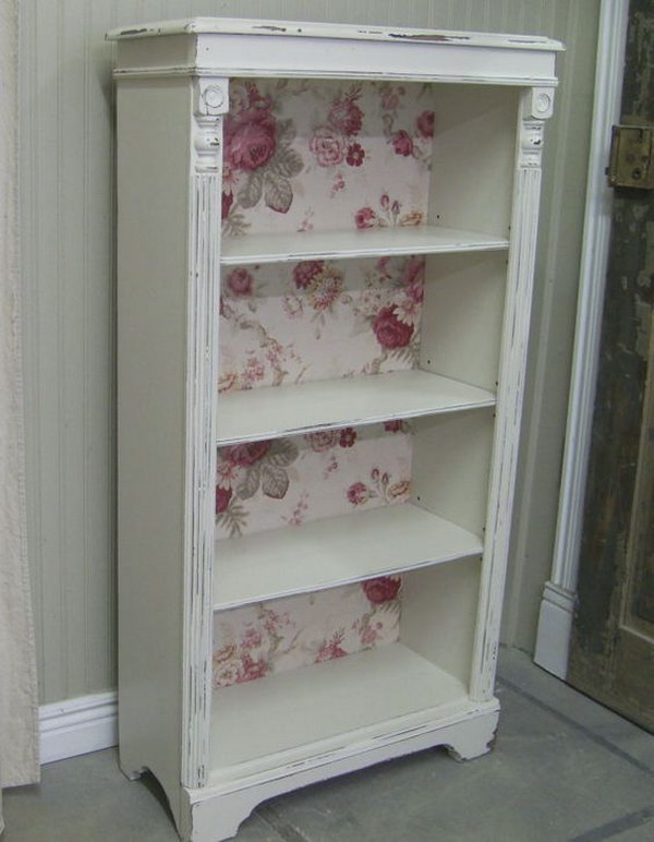 Take A Plain Bookcase And Shabby It With Wallpaper And Details 