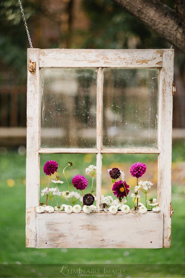 Suspended Shabby-Chic Window Pane Flower Box. 