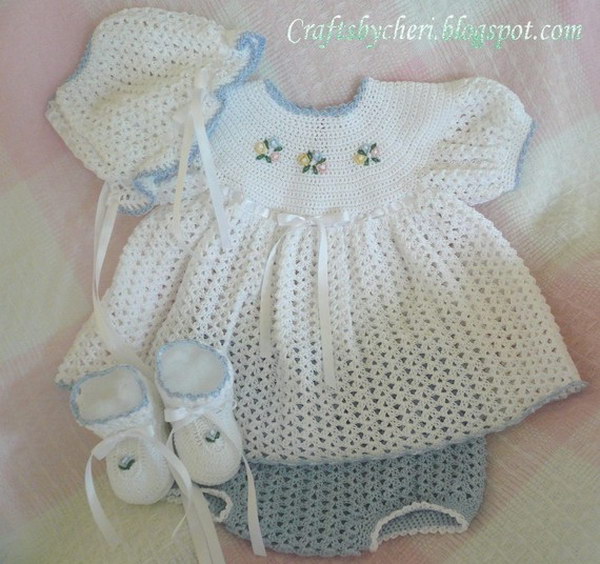 Newborn Size-Dress, Panties, Booties, Bonnet. 