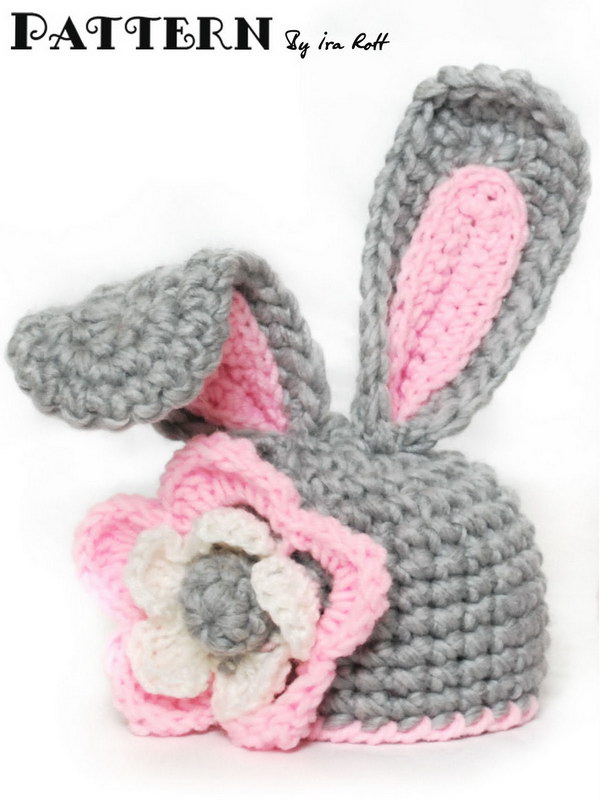 Crochet Bunny Hat With Flower for Little Girl With PDF Pattern for 5 Sizes. 