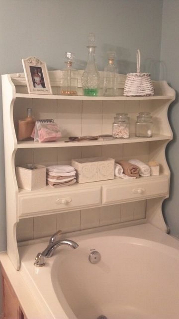 Top Of An Old Hutch Painted And Upcycled Into Shbby Chi Shelves For The Bath 