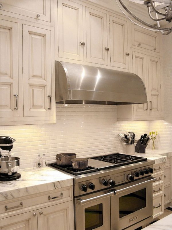 Retro Cream White Kitchen Set with Marble Countertop Plus White Ceramic Subway Tiles Backsplash. 