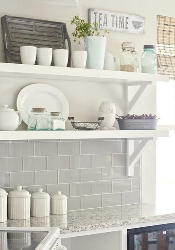 Gray Glass Subway Tile Backsplash with Openshelving 