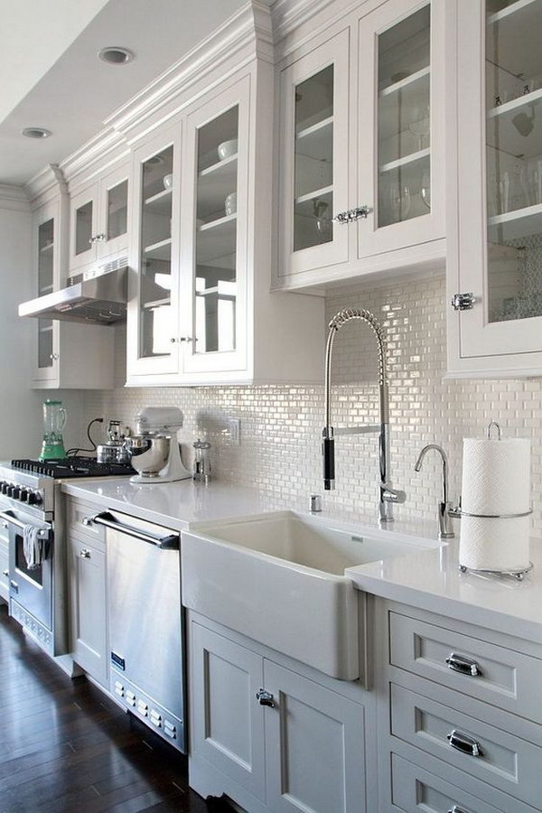 All White Kitchen with Mini Subway Tile Backsplash 