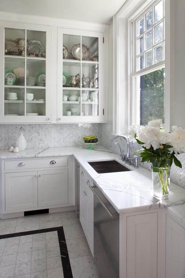 Grey and White Carrara Marble Herringbone Tile Backsplash