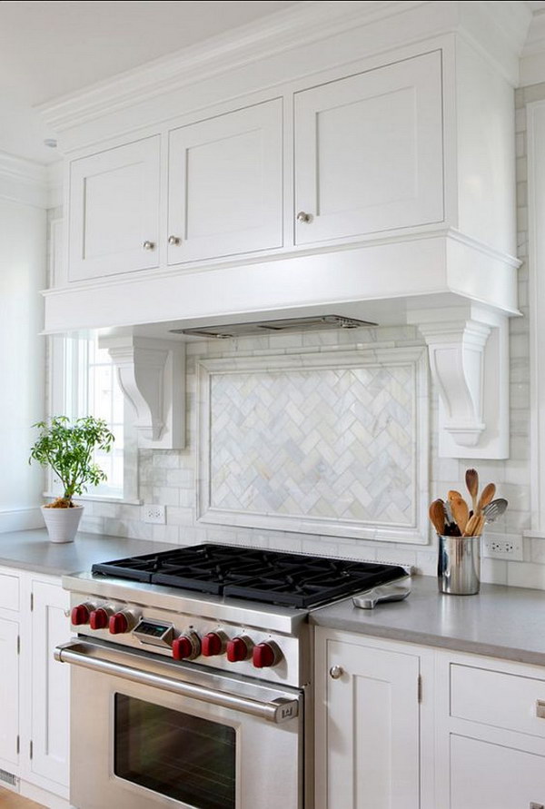 Herringbone “Picture Frame” Edged with a Chair Rail Backsplash 