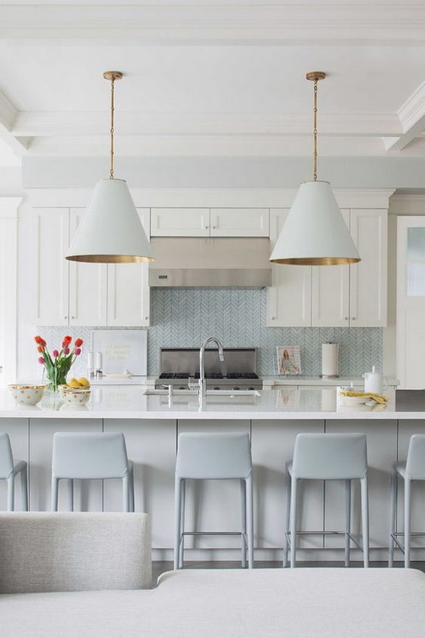 Light Blue Chevron Tile Backsplash in a Modern Costal Kitchen 