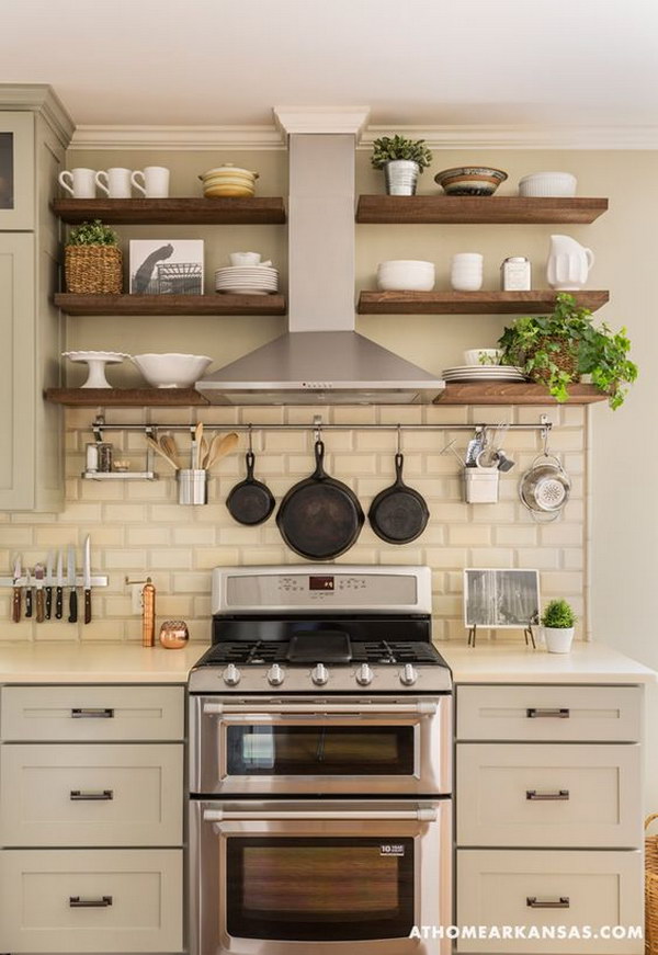 Open Shelving around Range Hood with White Subway Tile Backsplash 