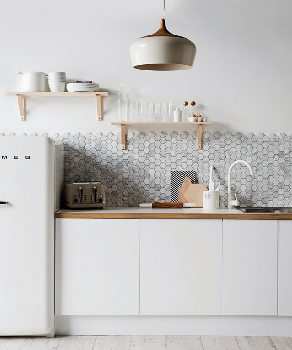 Grey Hexagonal Carrara Marble Backsplash with Minimalist Cabinetry