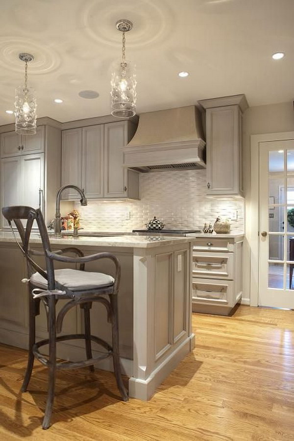 Gray Kitchen with Gray Granite Countertops and White Basketweave Subway Tile Backsplash 