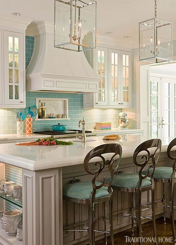 A Pop of Color: White Cabinetry with Pale Turquoise Tile Backsplash 