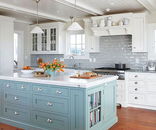 Blue Island Livening up the Grey Subway Tile Backsplash and White Cabinetry 