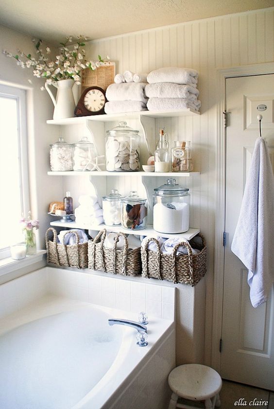 Vintage Chic Bathroom with DIY Plank Wall and  Open Shelving