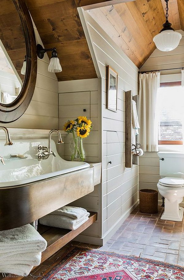 Simple Fresh Rustic Bathroom With Brick Floor, Shiplap Walls, Farm Sink And Wood Ceiling 