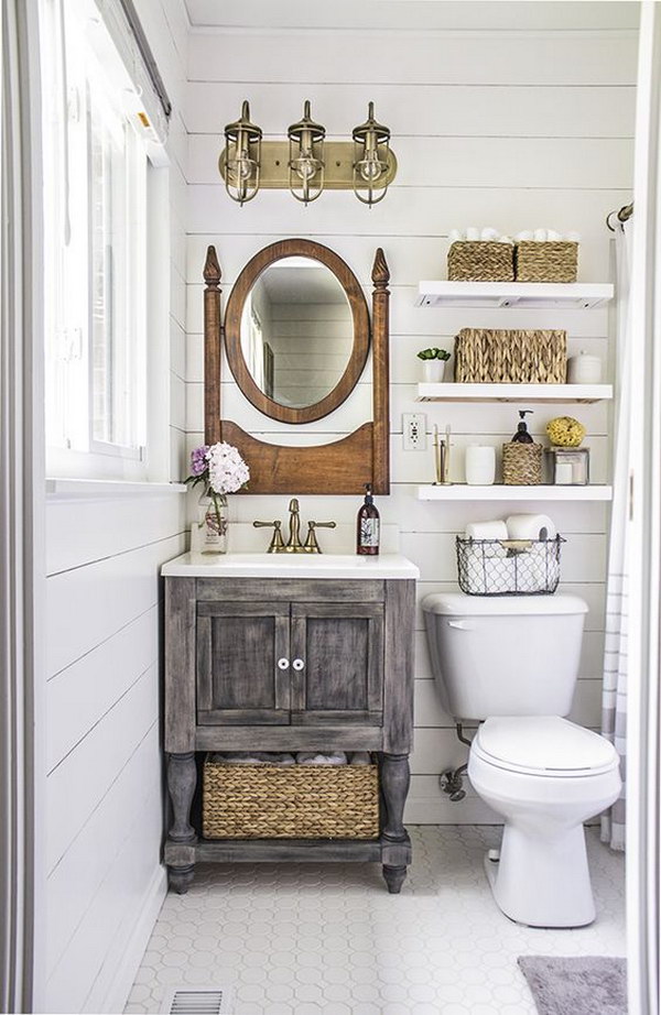 Tiny Rustic Bathroom Organization. 