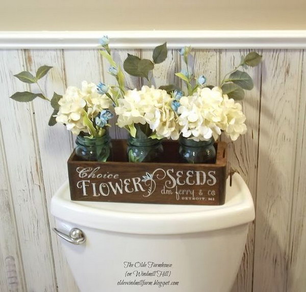 Rustic bathroom with Sewing Drawer Turned Flower Seeds Sign. 