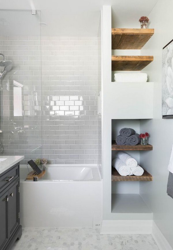 Rustic Bathroom With Wood Shelving, White Subway Tile, Mosaic Floor Tile And Glass Shower Tub 