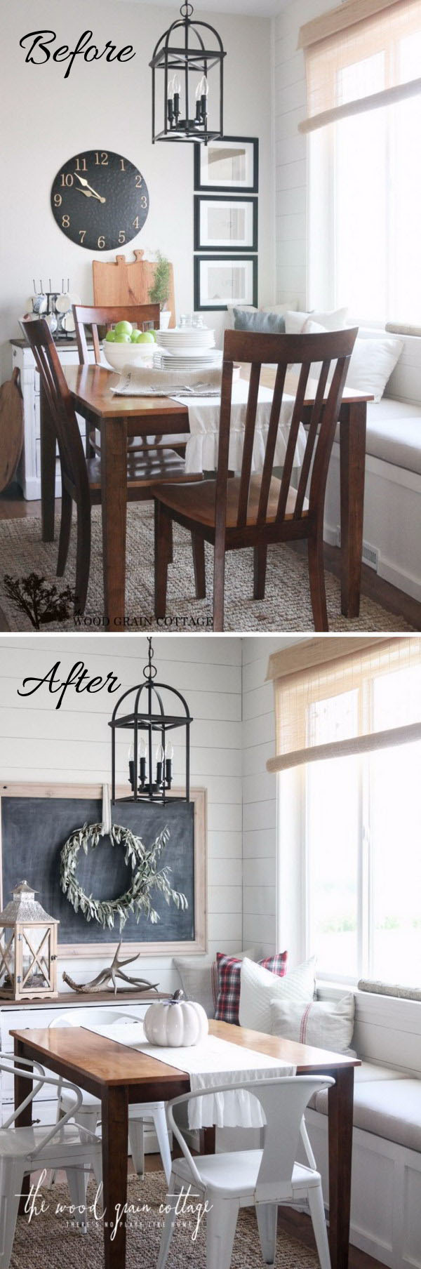 Breakfast Nook Makeover with Plank Wall and Blackboard. 