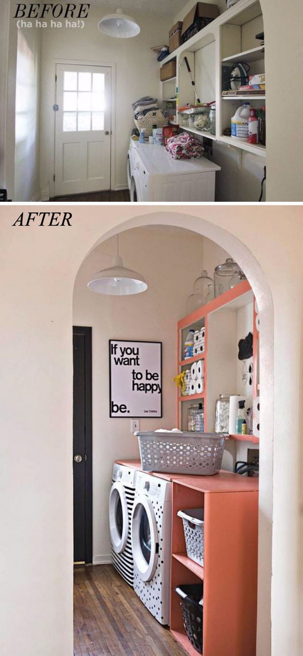 Laundry Room Makeover by Adding A Wrap-around Shelving Unit. 