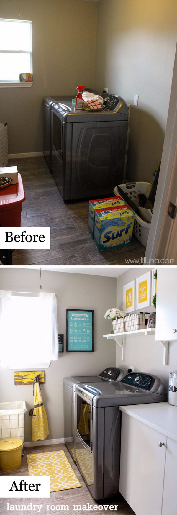 Laundry Room Reveal With a Brighter Wall Paint, Cheery Hints of Yellow, and a Handy Wall-mounted Shelf. 