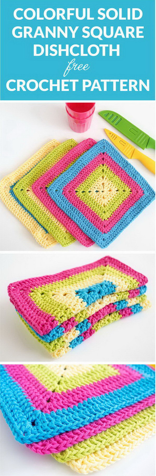 Colorful Solid Granny Square Dishcloth. 