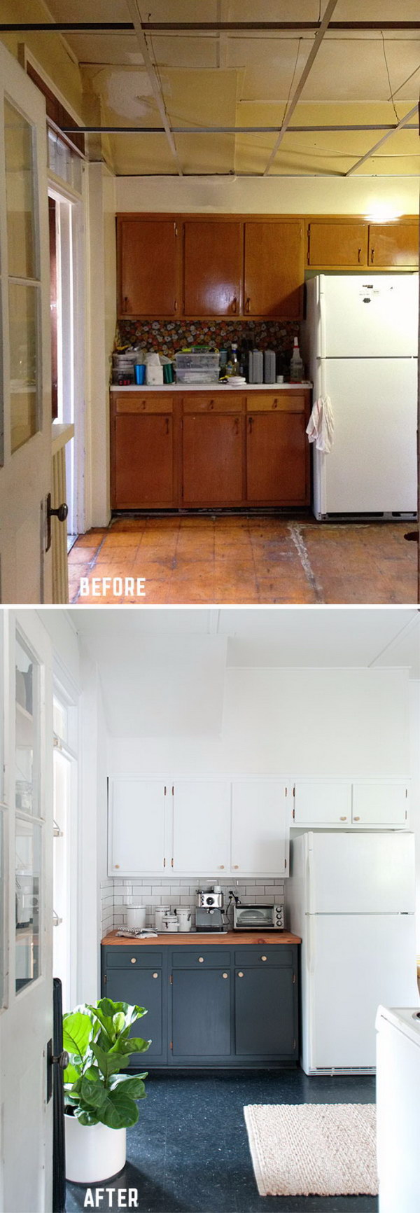 Paint the Outdated Cabinets Two Tone for a High-Contrast Look. 