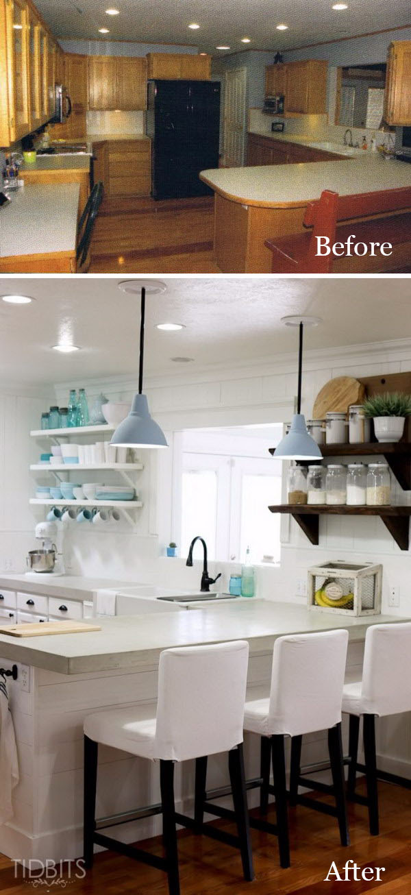 DIY Kitchen Open Shelving and Plank Walls. 