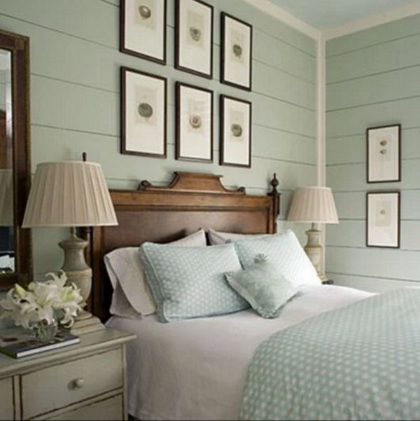 Small Bedroom with Robin's Egg Blue Horizontal Beadboard. 