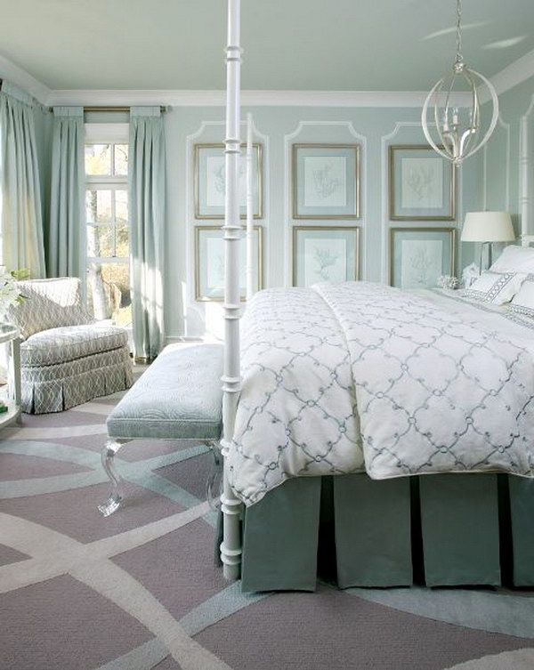 Monochromatic bedroom  mint green. 