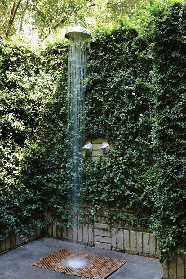 Outdoor Shower with Green Plant Fence. 
